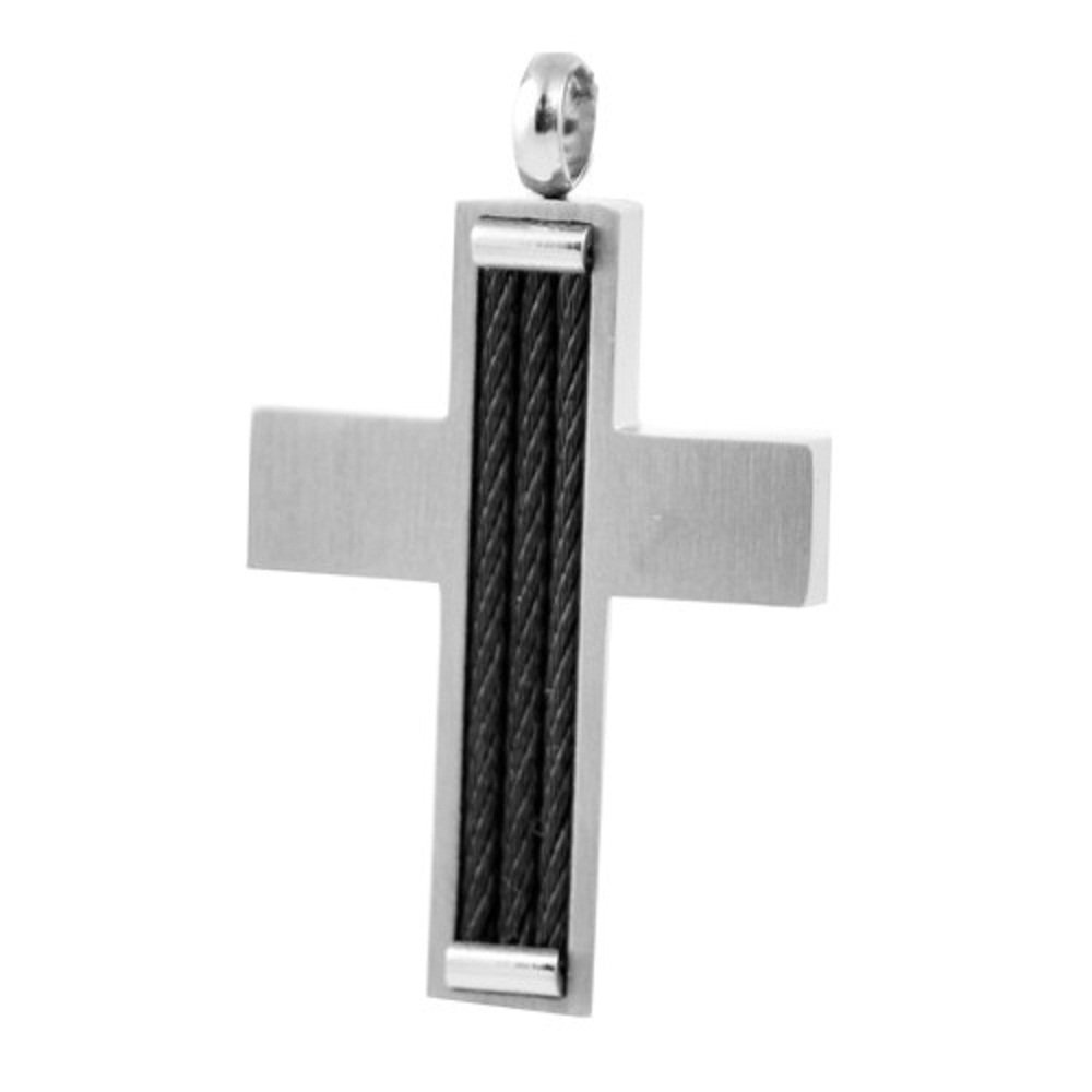 Men's Stainless Steel Cross Pendant With 3 Black Cables