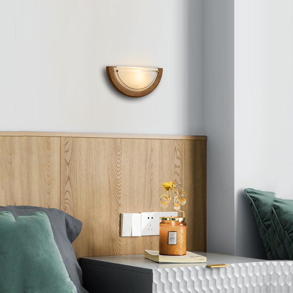 Applique da parete semicircolare in legno e vetro, stile industriale nordico, con sorgente luminosa G9, ideale per soggiorno, corridoio e comodino.