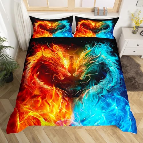 Loussiesd Kids Dragon Duvet Cover Double Size Ice Fire Dragon Bedding Set Wild Animal Comforter Cover Set Couple Wildlife Bedspread Cover Yellow and Blue Quilt Set including 2 Pillow Case 3PCS
