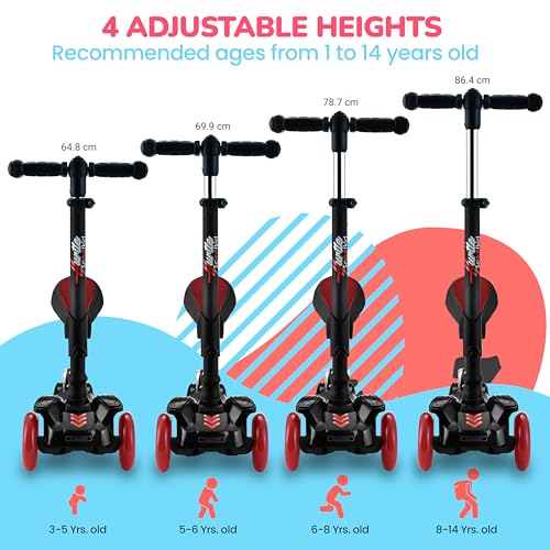 Image of Hurtle 3-Wheeled Scooter for Kids - Wheel LED Lights, Adjustable Lean-to-Steer Handlebar, and Foldable Seat - Sit or Stand Ride with Brake for Boys and Girls Ages 1-14 Years Old
