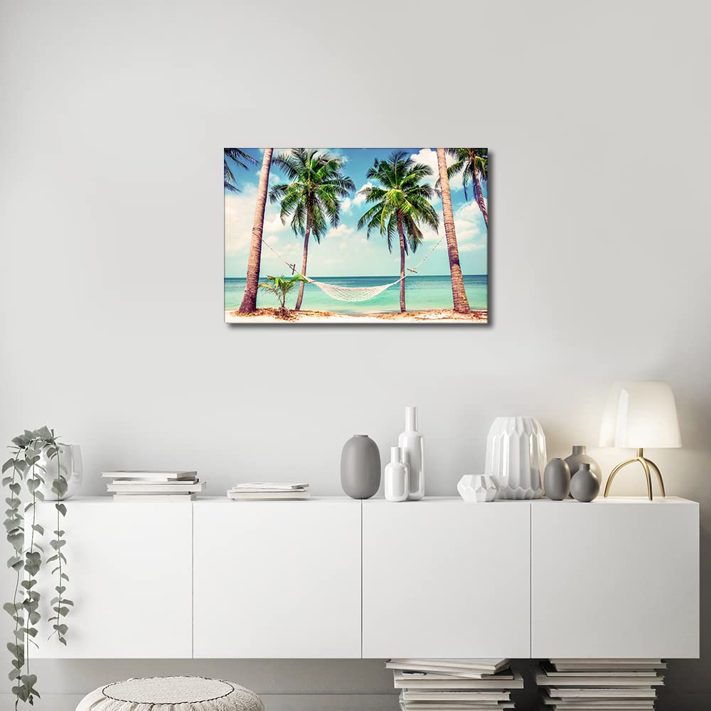 Beach Coconut Tree Hammock Canvas Wall Art Seascape Painting Seaside Artwork Picture Print for Living Room Bedroom Home Office Wall Decor Modern Landscape Ready to Hang (24X16in) - Image 2
