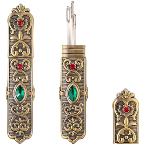 GORGECRAFT Estojo vintage de armazenamento de agulhas de strass antigo, tubos de agulhas, porta-palitos, recipiente de caixa de bronze antigo, utensílios de costura portátil, ferramentas para bordado