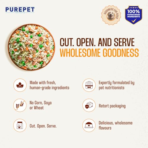 Image of Purepet Fresh Dog Food Chicken Biryani, for Adult & Puppy, 100gm | High Protein, 65% Real Chicken, 35% Veggies & Rice | No Preservatives | Ready to Serve | All Breeds | One Pack One Meal