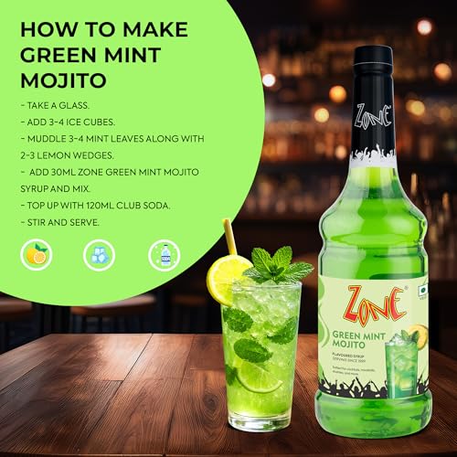 Image of Zone Green Mint Mojito Flavoured Syrup 1L (1000ml) | Cool Mint & Zesty Lemon Blend | Perfect for Mocktails, Lemonades, Iced Teas & Beverages | Ideal for Cafe, Restaurant & Home Use