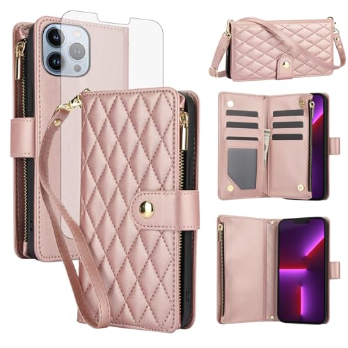 Coque iPhone 13 Pro Max en cuir anti-rayure avec film écran et dragonne