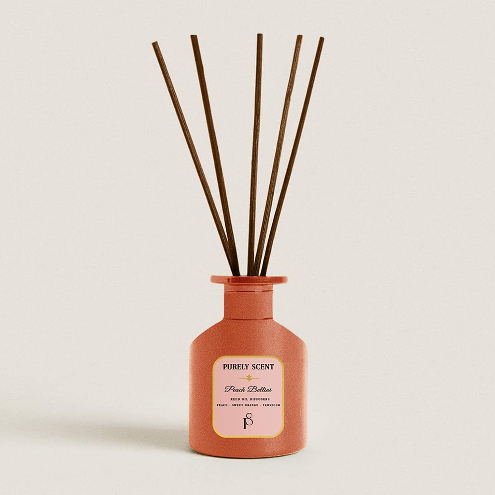 Peach Bellini Reed Diffuser, 6.7 Fl Oz/200 ML, 6 Reed Sticks, Aromatherapy, Fragrance Reed Diffuser Set, Lasts Upto 3 Months Perfect for Bath Yoga Home Party Decor Festival Gifts