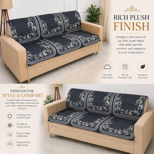 Image of Homerz Premium 'Luxe Series' Holland Velvet Sofa Cover | Smooth Finish | Anti-Skid Fleece Backing | Soft Touch Couch Protector for Living Room (Grey, 6 (3+2+1) Seater, Seat Cover with Backrest)