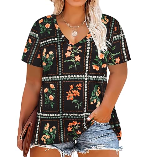 Image of RITERA Women Plus Size Tops Tie Dye V Neck Shirt Floral Camo Summer Short Sleeve Tunic Oversized Ladies Blouse XL-5XL