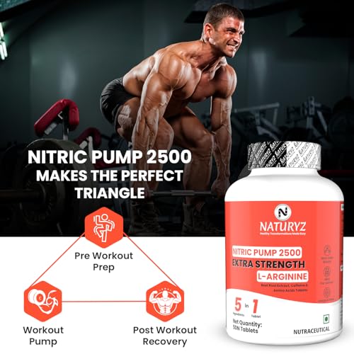 Image of NATURYZ Nitric Pump 2500 Mg Extra Strength L-Arginine | L Citrulline | Caffeine | Boosts Stamina | Energy | Increases Blood Flow | Improves Performance | Ideal Pre-workout Supplement for Men & Women- 50 Tablets