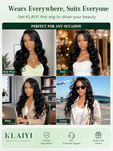 Image of KLAIYI Loose Body Wave Pre Everything Glueless 13x4Lace Front Wigs Human Hair Layered Face Framing Side Bang Drawstring Pre Plucked Bleached Bye Bye Knots 3S Ready to Wear and Go Wig for Women 26Inch