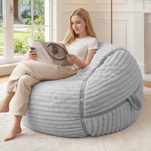 Image of 3FT Bean Bag Chair 3'Big Bean Bag Chairs with Adults, Large Beanbag Chair | Bean bags with Machine Washable Cover Corded Plush Fabric, Comfy Chairs for Living Room, Bedroom, Dorm, Lightgrey