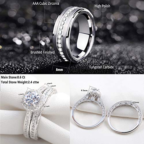 Newshe Wedding Rings Set For Him And Her Women Mens Tungsten Bands Round Cz 3Ct Sterling Silver 10&7 #TOP4