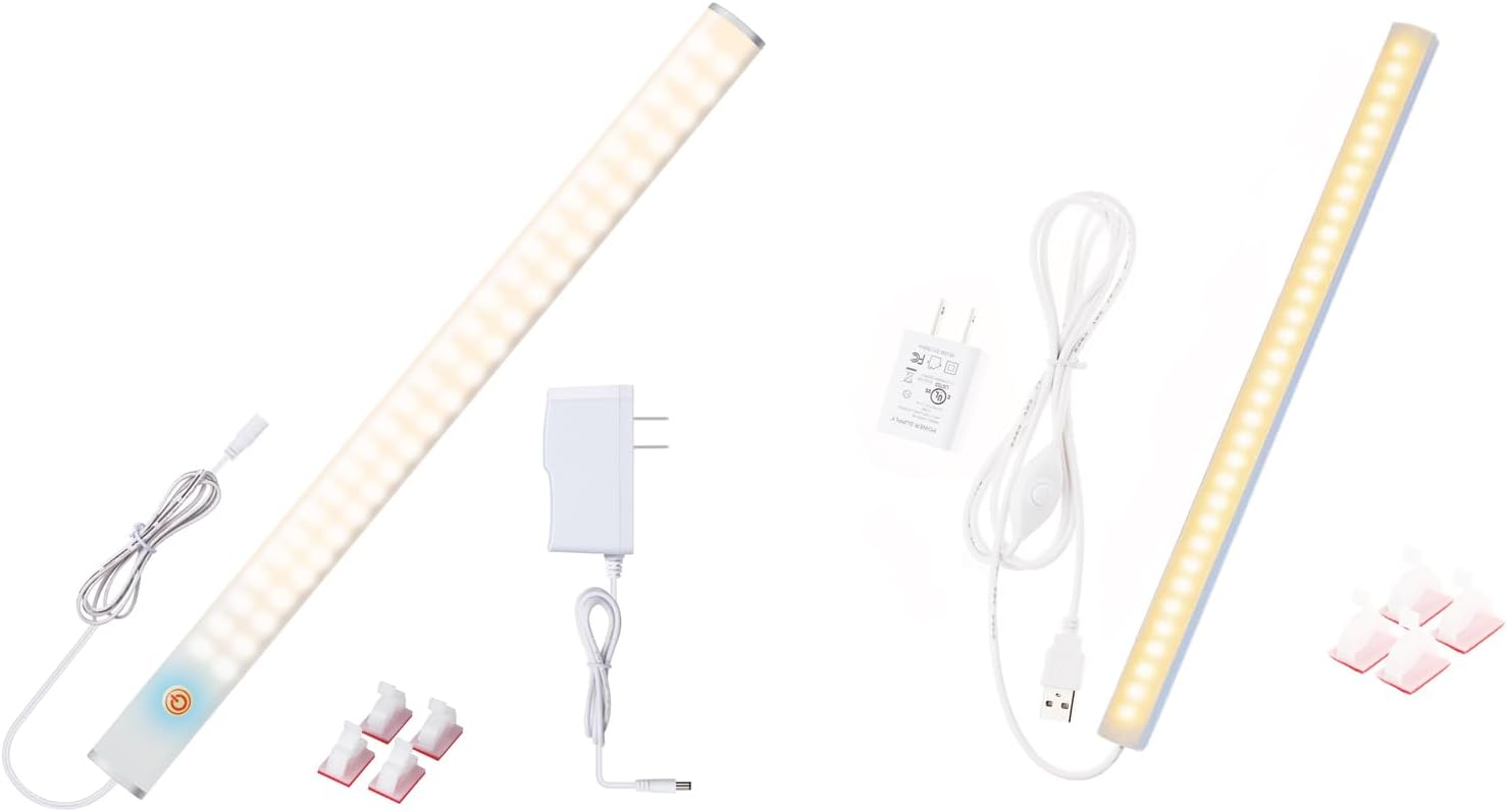 JUSJUBR Under Cabinet Light, LED Closet Light with Memory Function, Warm White 3000K Dimmable Plug in USB LED Light, Slim LED Light Bar for Room