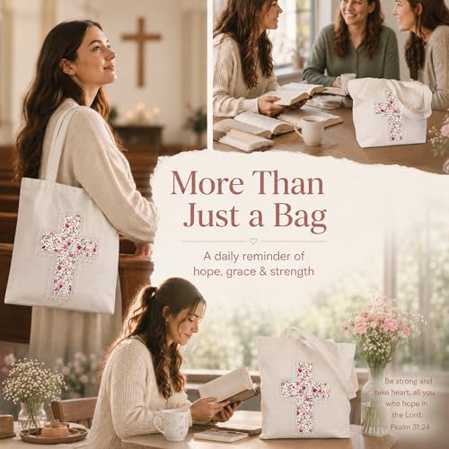 Image of Christian Tote Bag Gift for Women, Canvas Bible Bag Handmade Floral Cross | Christian faith-inspired gift, handcrafted cross with lace, inner pocket, snap closure, bottom gusset, church Bible study use