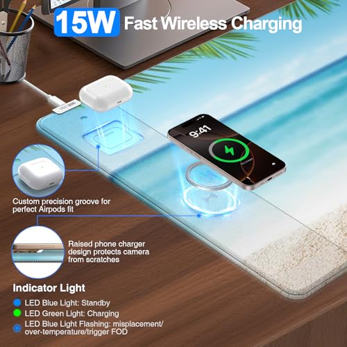 Image of Wireless Charging Mouse Pad, 31.5 inchx15.8 inch, with 20W PD Adapter, Summer Beach