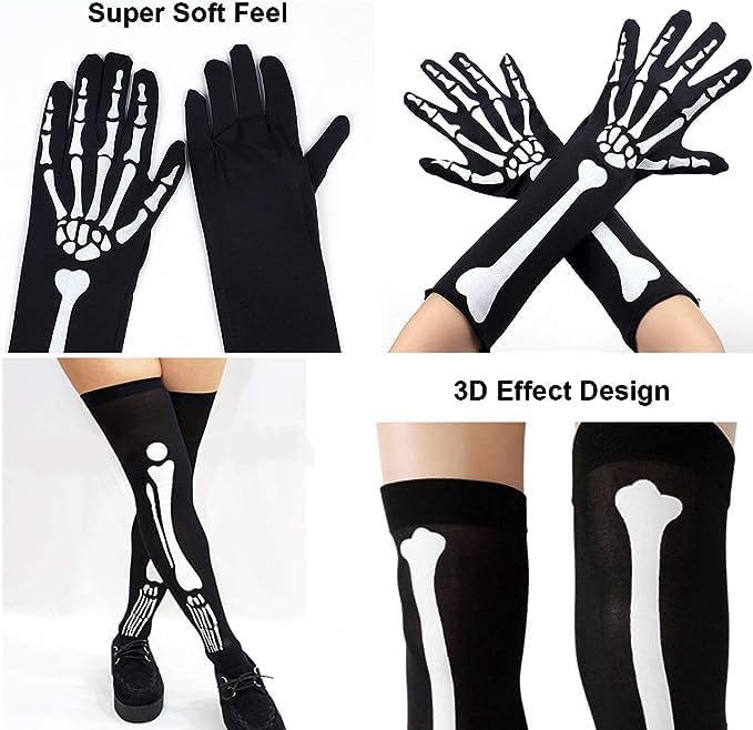 NICAI Kitchen 2 works Halloween Skeleton Gloves Stockings Set,Halloween Skull Stockings Halloween Cosplay knee-high socks Costume halloween skeleton socks Party Mardi Gras - Image 2