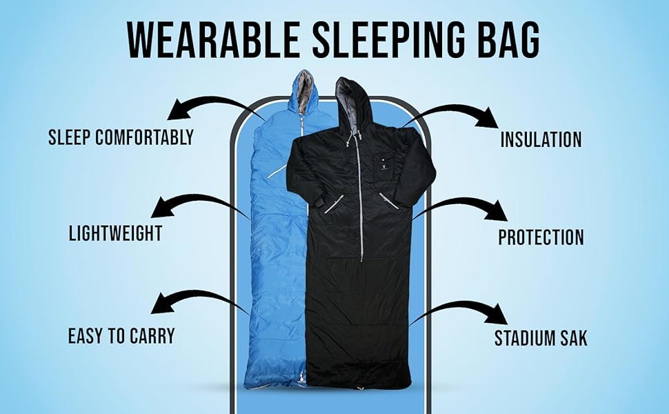 Bolsa de dormir portátil Thermotuff con capucha dual, mangas largas, bolsillos y cordón ajustable - ideal para camping, senderismo en clima frío y como manta para estadio miniatura 5