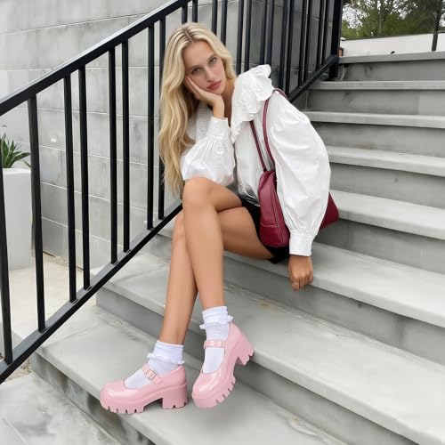 Image of AOSPHIRAYLIAN Mary Janes Platform Mary Janes for Women Round Toe Dress Shoes for Women Ankle Strap Chunky Heel Uniform Women's Pumps