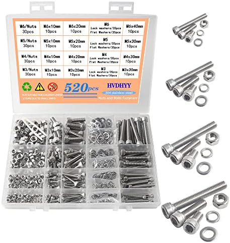 HVDHYY M3 M4 M5 M6 Nut and Bolt set Machine Screws & Nuts & Washers Assortment kit 304 Stainless Steel Hex Socket Button with a Reusable Storage Box (520pcs)