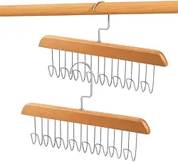 Kit 2 Cabides Multiuso De Madeira Maciça Natural Com 8 Ganchos Rotativos Para Cintos, Gravatas, Cachecóis, Sutiãs, Acessórios, Closet, Armário, Porta, Estilo Nórdico, Rústico, Organizador