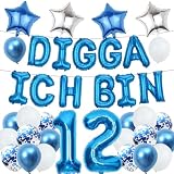 Deko 12. Geburtstag Junge Luftballons - 37 Stück Blau Silber DIGGA ICH BIN Girlande Folienballons Luftballons Geburtstagdeko für 12 Jahre Junge Madchen Party Dekoration