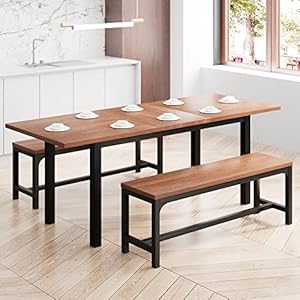 iPormis 3-Piece Dining Table Set for 4-8, 63″ Extendable Kitchen Table with 2 Benches, Dining Room Table Set with Metal Frame & Wooden Board, Easy Clean, Walnut