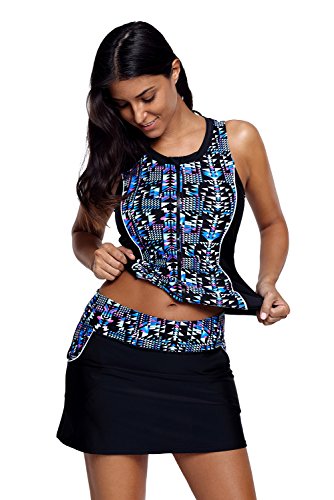 Women Printed Two Piece Tankini Swimsuits Set with Skirt Zipping Bathing Suits