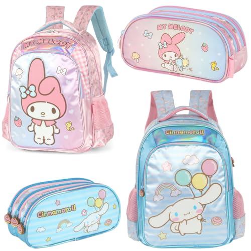 Kit Amigos Da Hello Kitty Mochila De Costas e Estojo Triplo My Melody Rosa e Cinnamoroll Azul Luxcel (Azul)