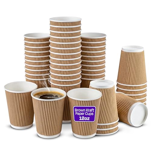 We Can Source It Ltd - 500 x 12oz Ripple Brown Kraft Paper Cups - Strong 3-PLY Disposable Insulated Coffee Cups - Leak-Proof Recyclable Drinking Cups for Hot Drinks Tea Coffee and Beverages