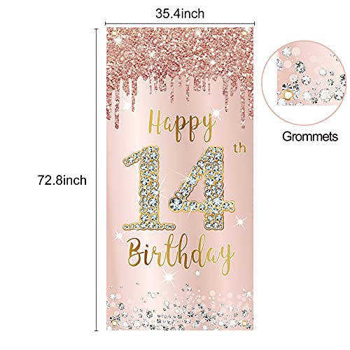 Image of 14th Birthday Door Banner Decorations for Girls, Pink Rose Gold Happy 14th Birthday Door Cover Backdrop Party Supplies, Large 14 Year Old Birthday Poster Sign Decor
