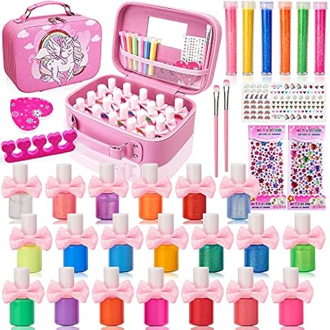Chennyfun Kids Nail Varnish Set For Girls, 20 Colors Non-Toxic Peel-off Safe Water-Based Quick Dry Nail Polish Set with Nail Files, Nail Stickers, Glitter, Unicorn Vanity Case, Unicorn Gifts for Girls Cover