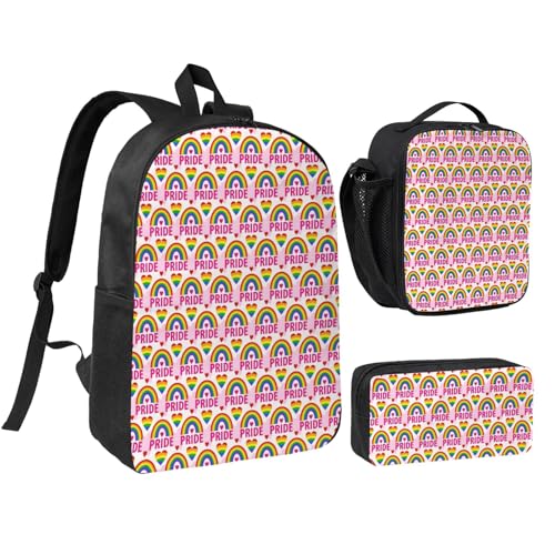 Gay Pride LGBT Rainbow Love Heart 17 Inch Backpack Sets Lunch Bag Lightweight Daypack for Men Women 3Pcs