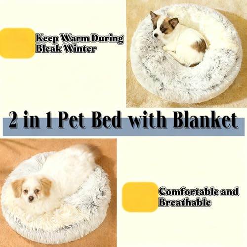 SHJOEE Grau 50cm Katzenbett Flauschig Katzendeckett, Weiches Plüsch, Höhle mit Kapuze, 2-in-1 Hundebett Rund Hundekissen Hundesofa Haustierbett für Katzen und kleine mittelgroße Hunde