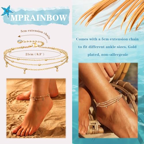 Image of MPRAINBOW Waterproof Gold Anklets for Women - 14k Gold Plated Ankle Bracelets,Summer Beach Surf Foot Chain Multilayered Stacked Bracelet Anklet Set,Layered Trendy Jewelry for Girlfriend