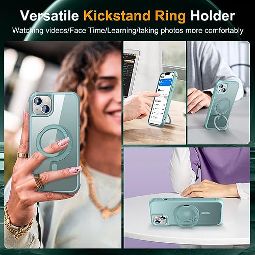 Image of Compatible with iPhone 13 /14 Case with Stand 6.1 inch,Green | Matte Translucent Phone Case for iPhone 13 /14,360 Magnetic Ring Stand,Compatible Mag-Safe,Military Grade Protection