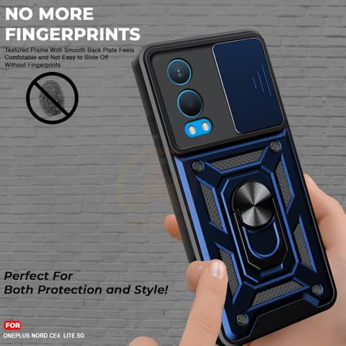 Image of Armor Bumper Back Cover Case for OnePlus Nord CE 4 Lite 5G Rotating Camera Cover, Ring Holder & Kickstand | Heavy Duty & 360 Degree Protection OnePlus Nord CE 4 Lite 5G Back Cover (Blue)