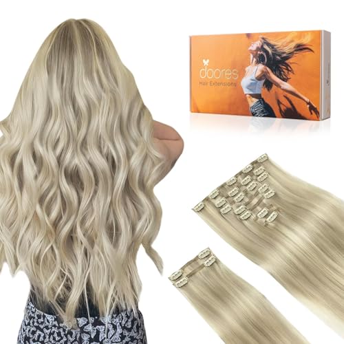 Image of DOORES Hair Extensions, Ash Blonde Highlighted Platinum Blonde 150g 9pcs 20 Inch Remy Human Hair Extensions Straight Natural Clip in Extensions