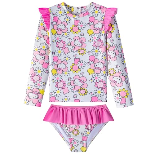 Hello Kitty Sanrio Girls UPF 50+ Long Sleeve Rash Guard & Bikini Bottom Two Piece Swimsuit Set for Little Kids