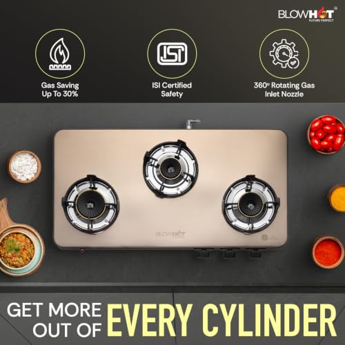 Image of BLOWHOT Crystal 3B Gas Stove | Stainless Steel Top | Push Button Auto Ignition Gas Stove Powered by Battery | Warranty - 2 Year on Product | 5 Years on Burner and Gas Valves