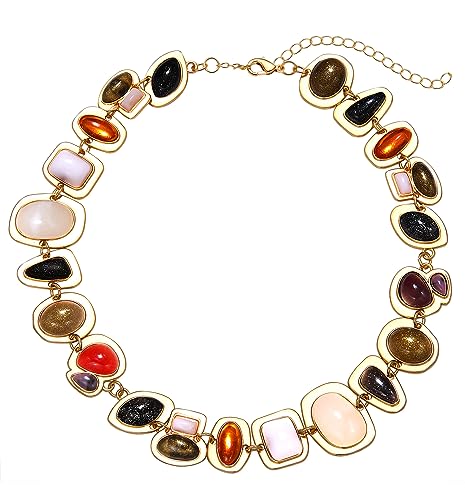 BVGA Gold Gemstone Charm Choker Necklace for Women Colorful Vintage Resin Gem Link Necklace Retro Jewelry Gifts