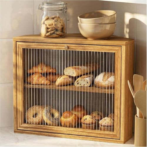 Emfogoo Corner Bread Bin Two Layer Large Wooden Bread Bins for Kitchen Countertop Bread Storage Containers Airtight Bread Box for Homemade Bread Under Cabinet Bread Holder Kitchen Organizer