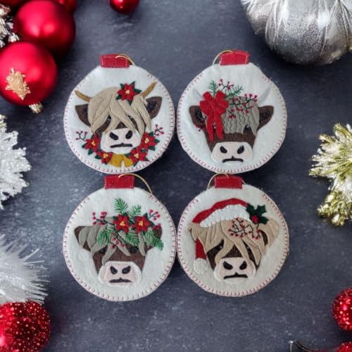 Image of Rachel's Of Greenfield Christmas Cows Ornament Kit, Cute DIY Christmas Ornament, Christmas Crafts for Beginners, Makes Four 4 inch Ornaments, Cute Highlander Cow Christmas Decor