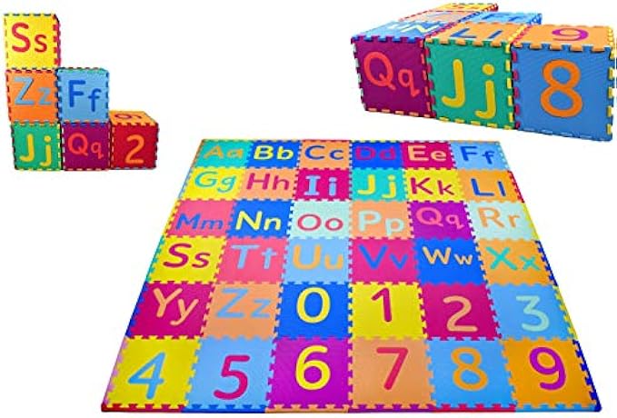 KC Cubs Soft & Safe Non-Toxic Children’s Interlocking Multicolor Exercise Puzzle Educational ABC Alphabet EVA Play Foam Mat for Kid’s Floor & Baby Nursery Room, 36 Tiles, 9 Colors, 54 Borders (EVA003)