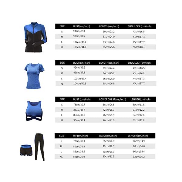 Womens Yoga Gym Suit Tights Sportswear Training Wear Running Suit Fitness Series - 5pcs Set (Large, Blue)