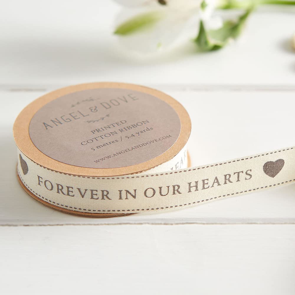 ANGEL & DOVE 'Forever in Our Hearts' Ribbon - for Funeral Flowers, Favors, Stationery, Sympathy Gifts (5m / 5.4yds)