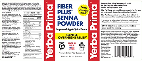 Yerba Prima Fiber Plus Senna Powder, 12 Ounce (Pack Of 3) - For Short-Term Use To Restore Regularity, Improved Apple Spice Flavor, Stevia Sweetened, Provides Gentle Overnight Relief, Non-Gmo #TOP1