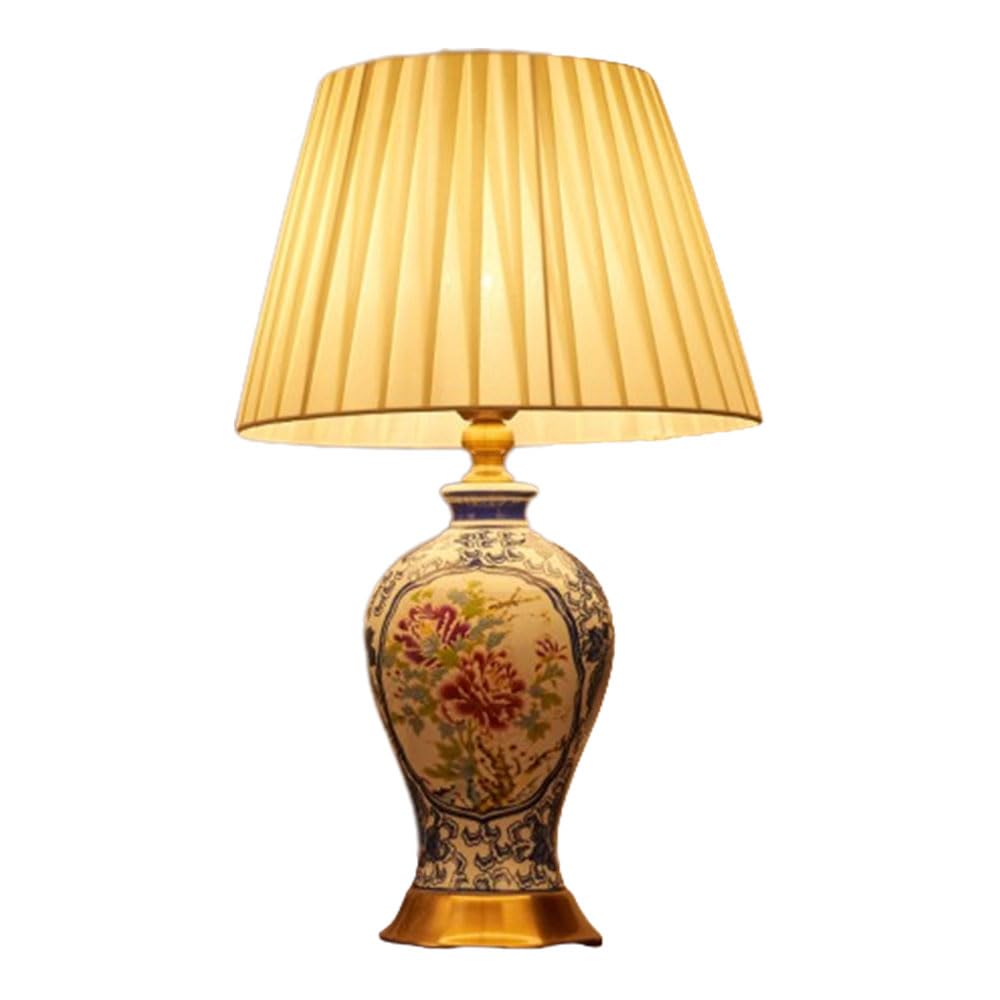 SGKOMN 21.6" Chinoiserie Ceramic Led Table Lamp Traditional Bedside Desk Nightstand Lamp For Bedroom Living Room Office College Bookcase With Fabric Lampshade, Blue/White-B