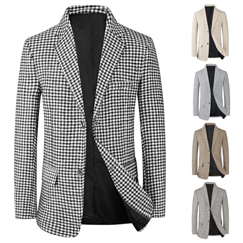 evzosrz Men's Houndstooth Blazers Classic Slim Fit Business Two Button Plaid Tuxedo Prom Wedding Groom Suits Jackets Coats3