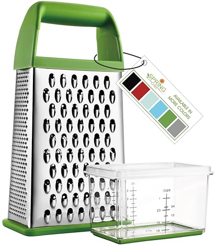 Image of Spring Chef Professional Green 10 inch Parmesan Cheese Grater With Container, Stainless Steel Food Grater for Kitchen with Handle, 4 Sided Carrot Shredder, Handheld Vegetable & Cabbage Shredder