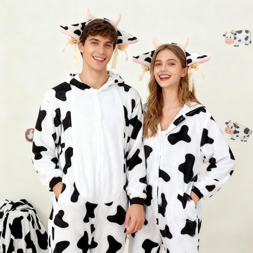 Image of Cow Ears and Horns Headband, Cow Headband with Bells, Plush Animal Headbands for Women and Men Christmas Animal Theme Cosplay Birthday Party
